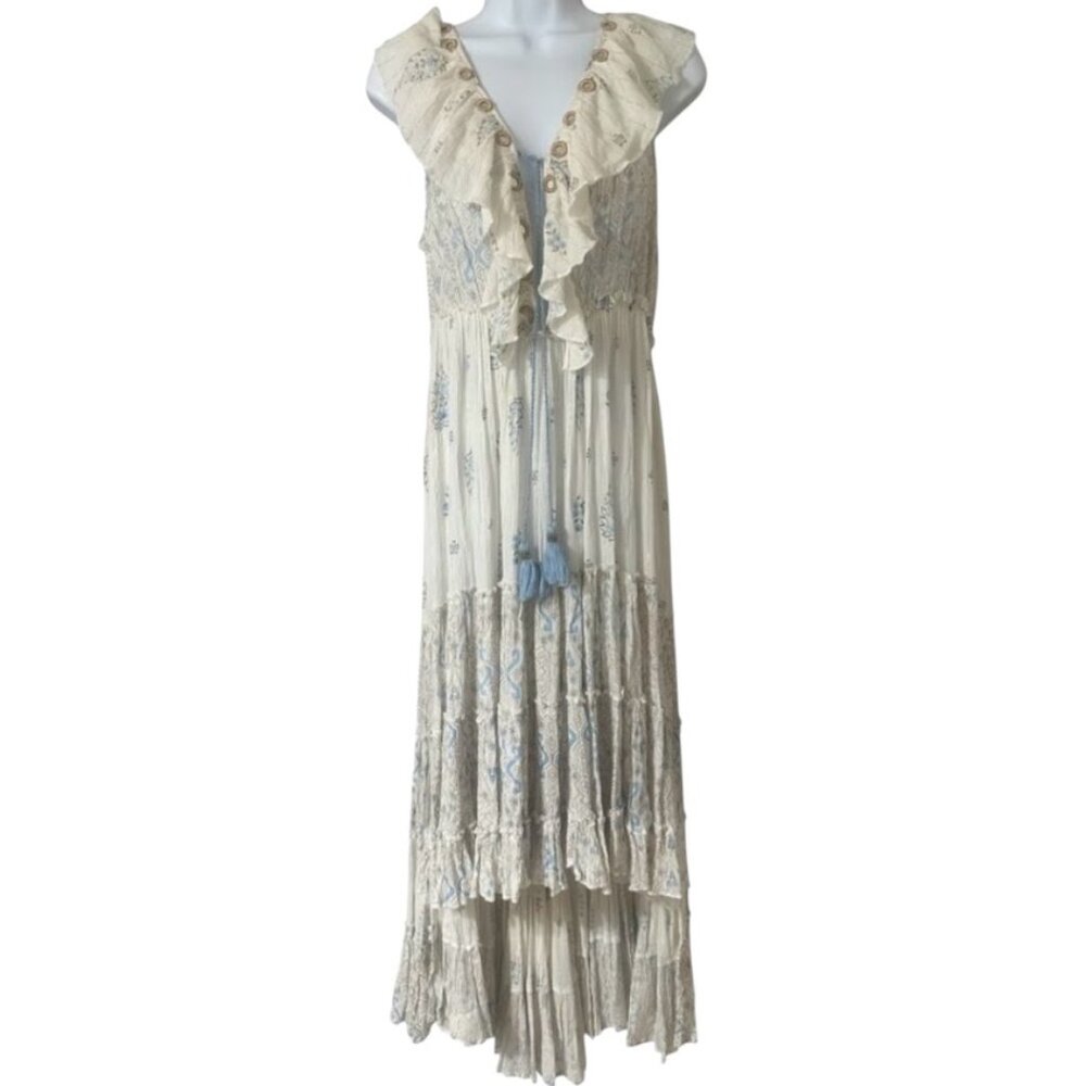 Ranees Empire Metallic Embellished Tiered High Low Maxi Dress L Resortwear Boho